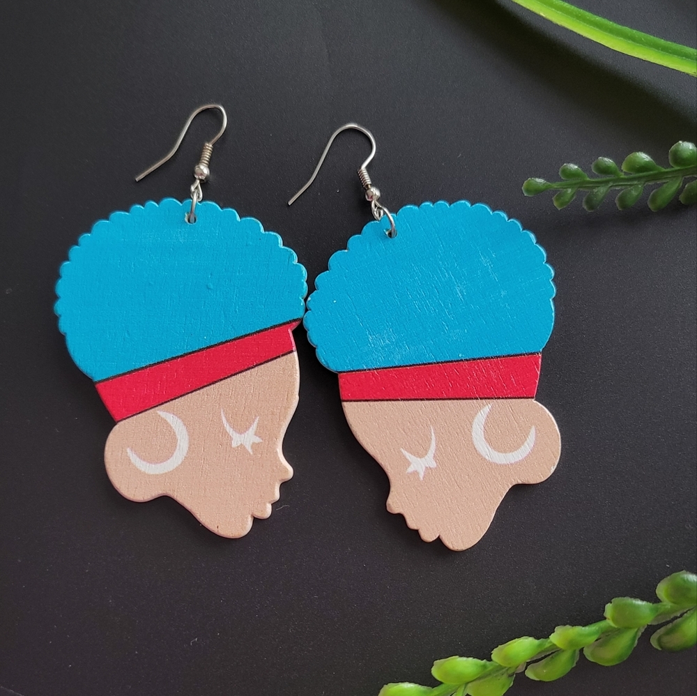 African Curly Hair Black Woman Silhouette Wood Earrings